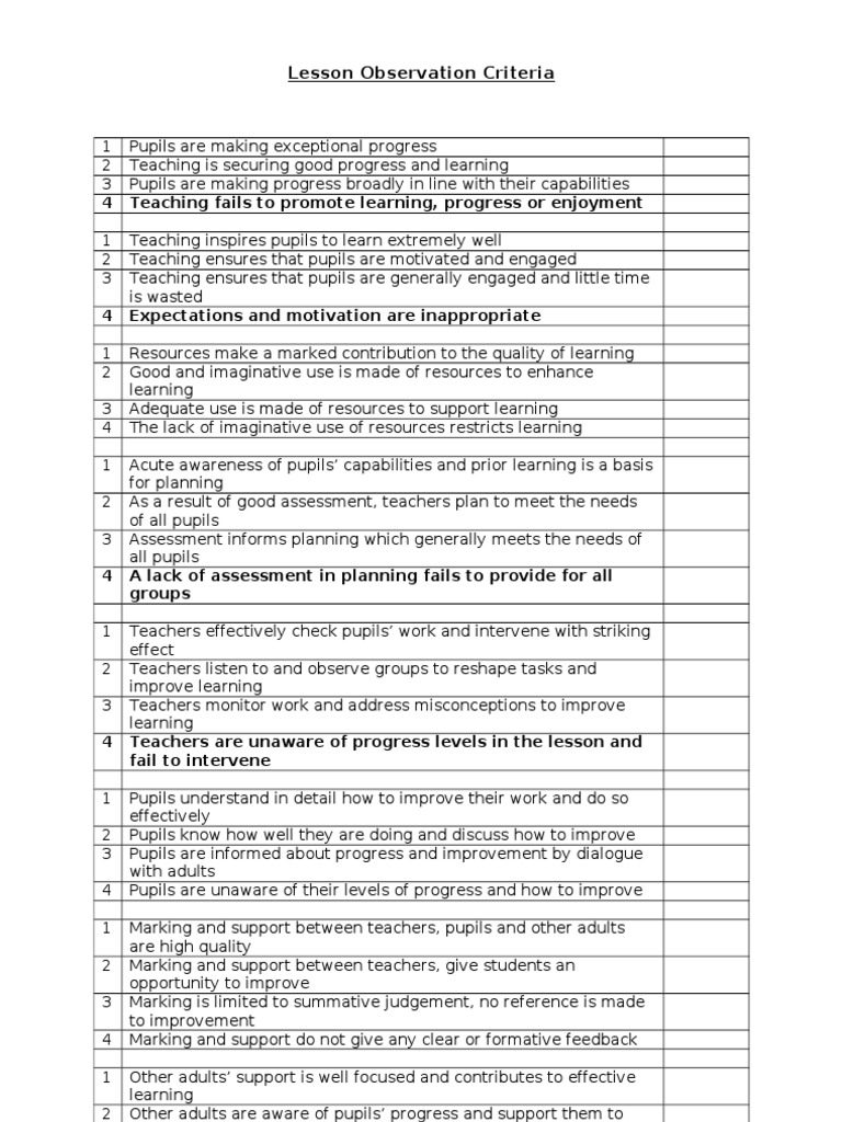 OFSTED Lesson Observation Sheet PDF Educational Assessment Teachers