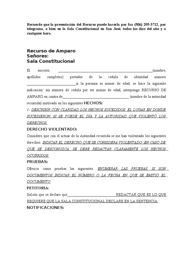 Modelo de Recurso de Amparo en Costa Rica | PDF | Política | Ciencias ...