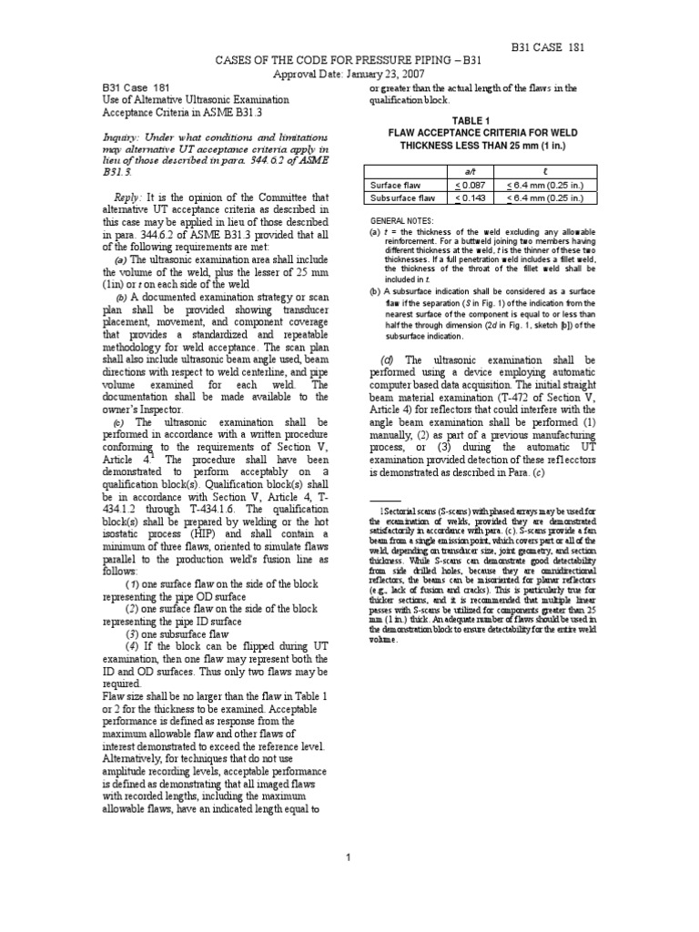 ASME B31.3 Case 181: UT Criteria | PDF | Welding | Construction