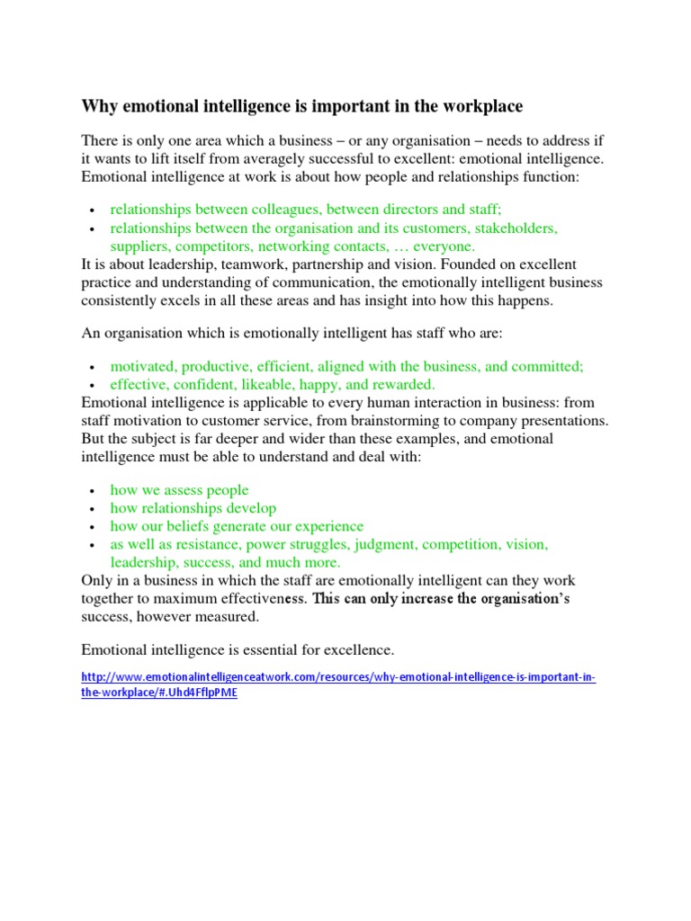 Importance of Emotional Intelligence at Work | PDF | Emotional ...