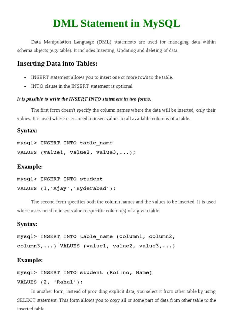 Dml in Mysql | Table (Database) | Sql