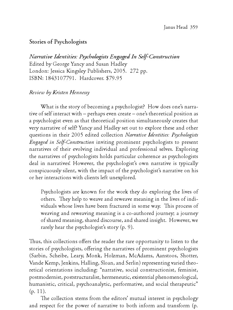 Narrative Identities Psychologists Engaged In Self Construction Pdf