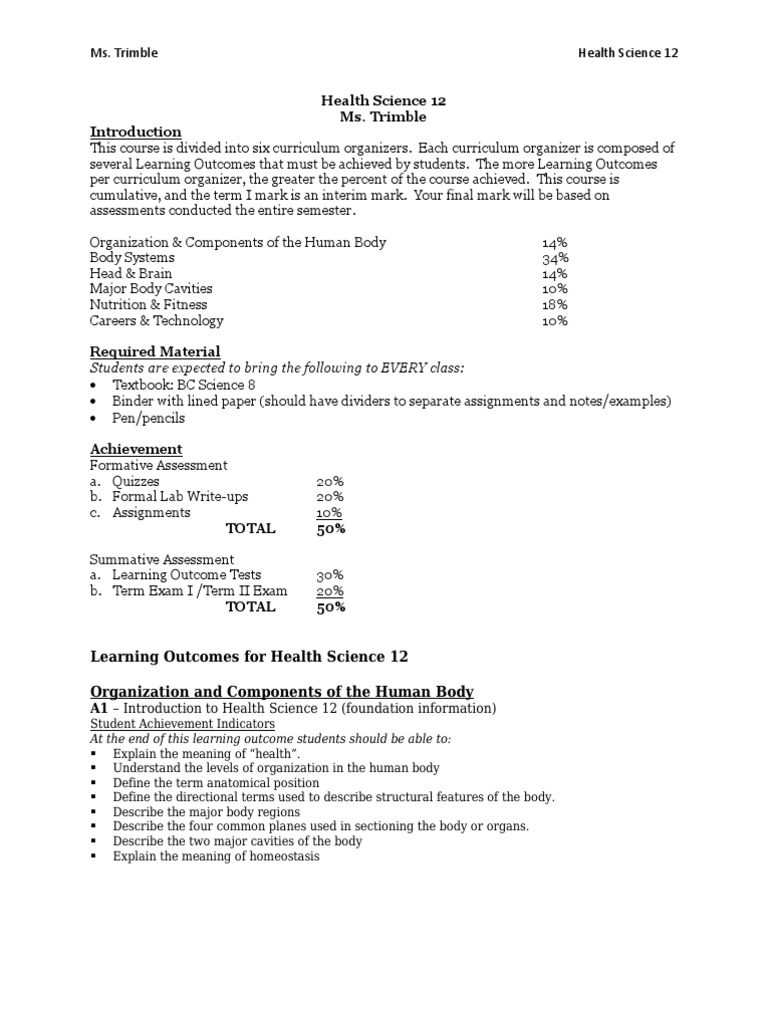 Health Science 12 Course Outline | PDF | Nervous System | Blood