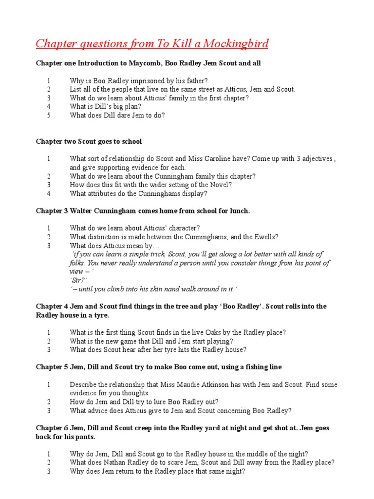 Chapter Questions From To Kill A Mockingbird ALL | PDF | To Kill A  Mockingbird