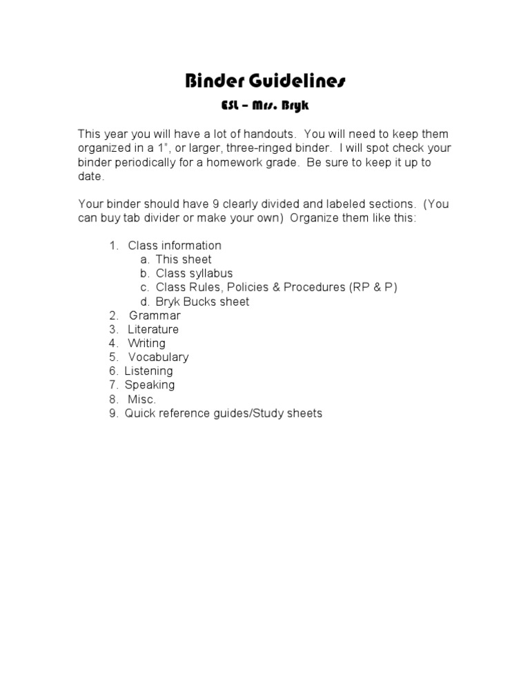 ESL Binder Organization Guide | PDF | Language Arts & Discipline
