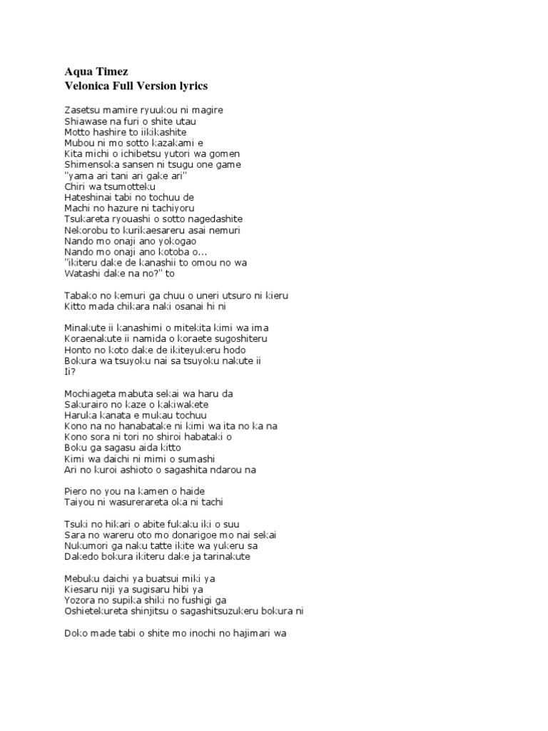 Aqua Timez Velonica Full Version Lyrics