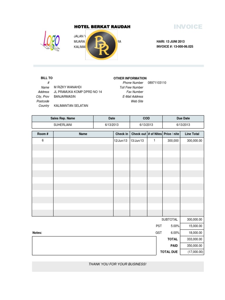 hotel invoice template