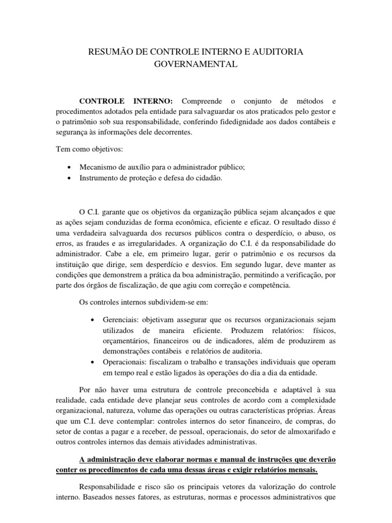 Resumo de Controle Interno e Auditoria | PDF | Auditoria interna ...