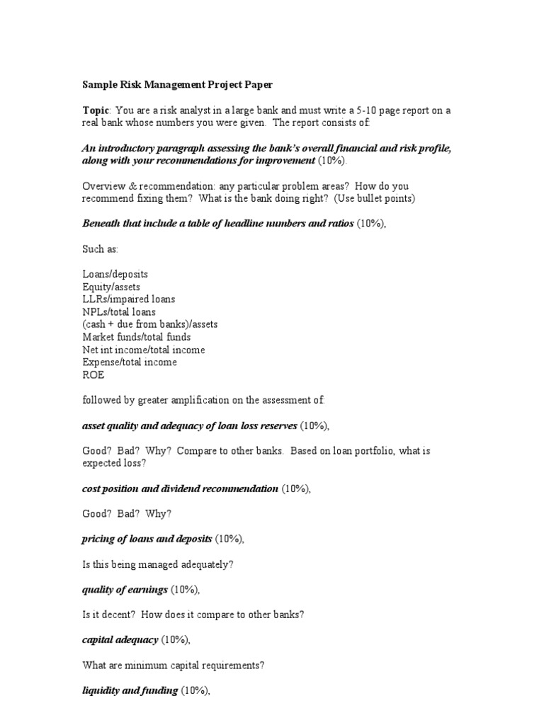 Sample Risk Management Project Paper Topic: You Are A Risk Analyst in A ...