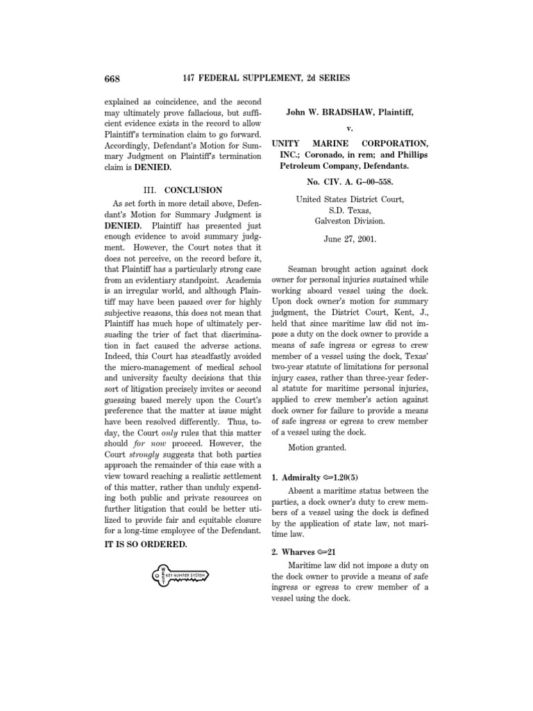 Bradshaw v. Unity Marine Corp PDF Summary Judgment Admiralty Law