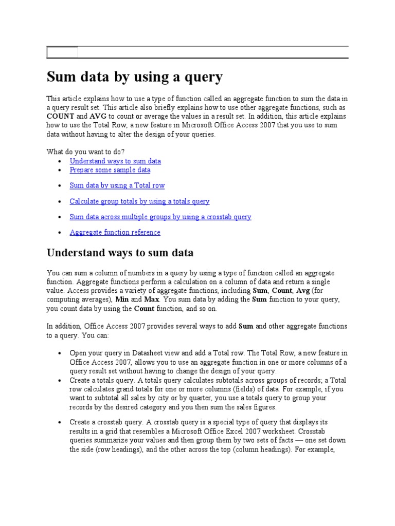 Sum Data by Using A Query | PDF | Spreadsheet | Microsoft Sql Server