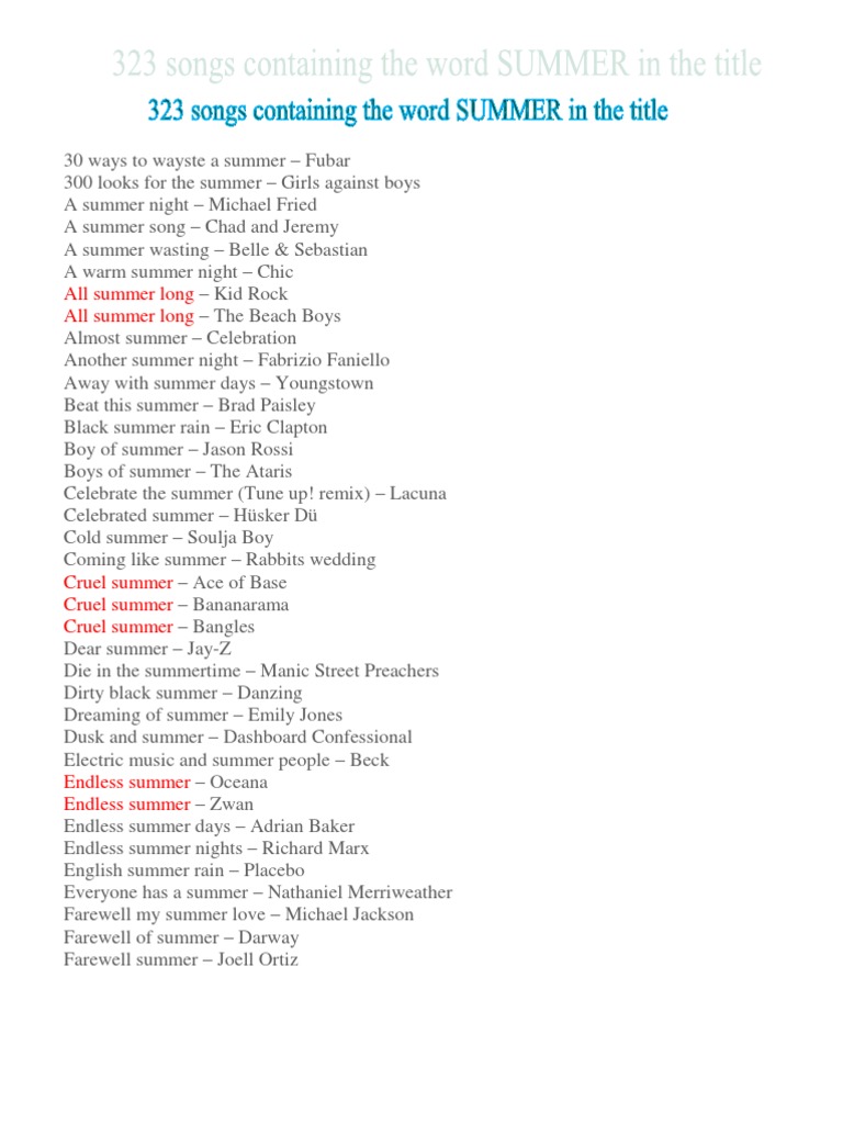 323 Songs Containing The Word SUMMER in The Title | PDF 