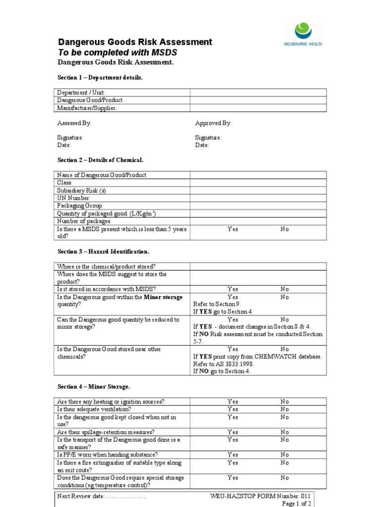 Dangerous Goods Risk Assessment Form | PDF | Litre | Dangerous Goods