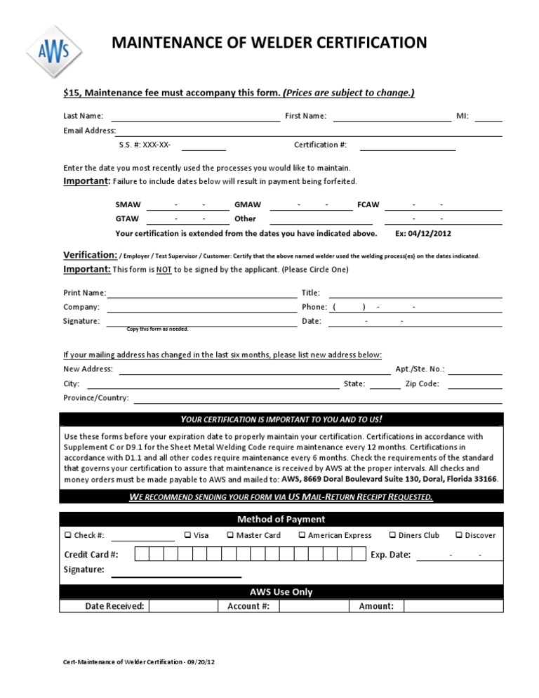 AWS Maintenance of Welder Certification PDF Electric Heating Welding