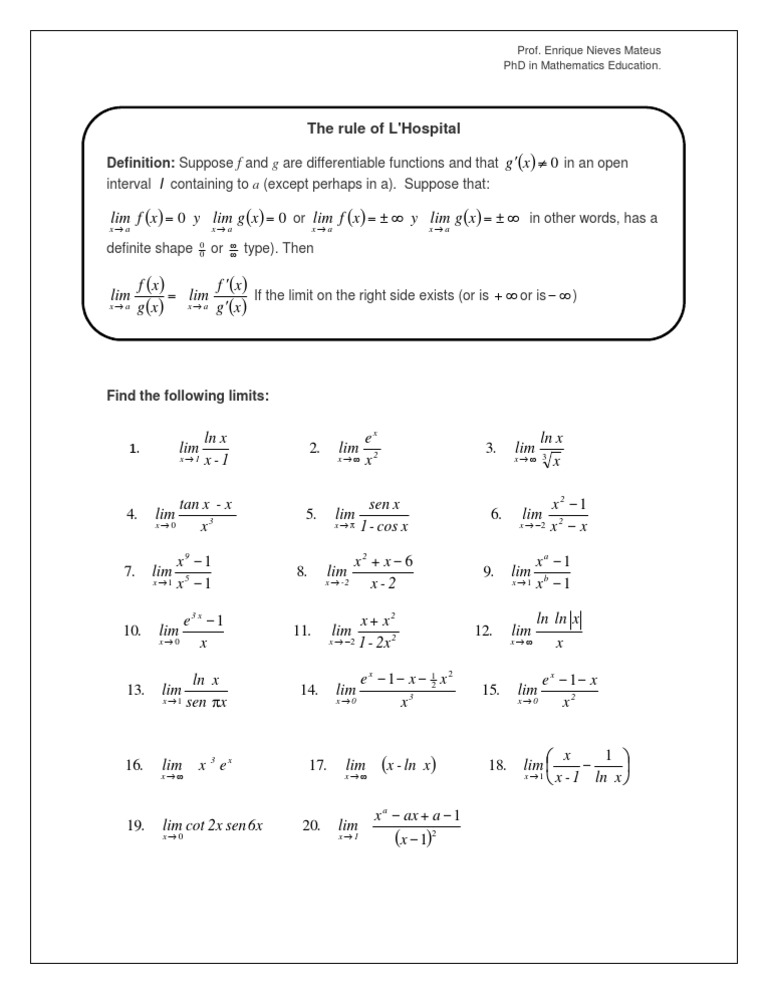 L'Hospital's Rule: Limit Problems | PDF
