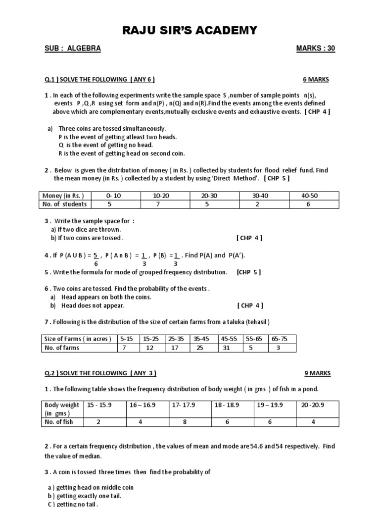 Algebra Probability and Statistics Exercises | PDF | Probability ...
