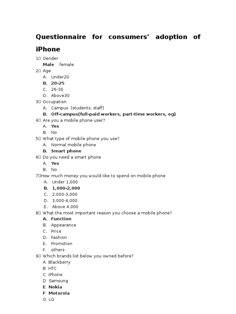 Questionnaire I Phone Apple Inc.