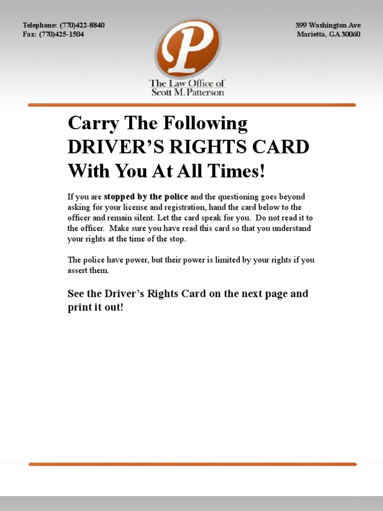 DRIVERS RIGHTS CARD for Traffic Stops by Police and What You Can Do