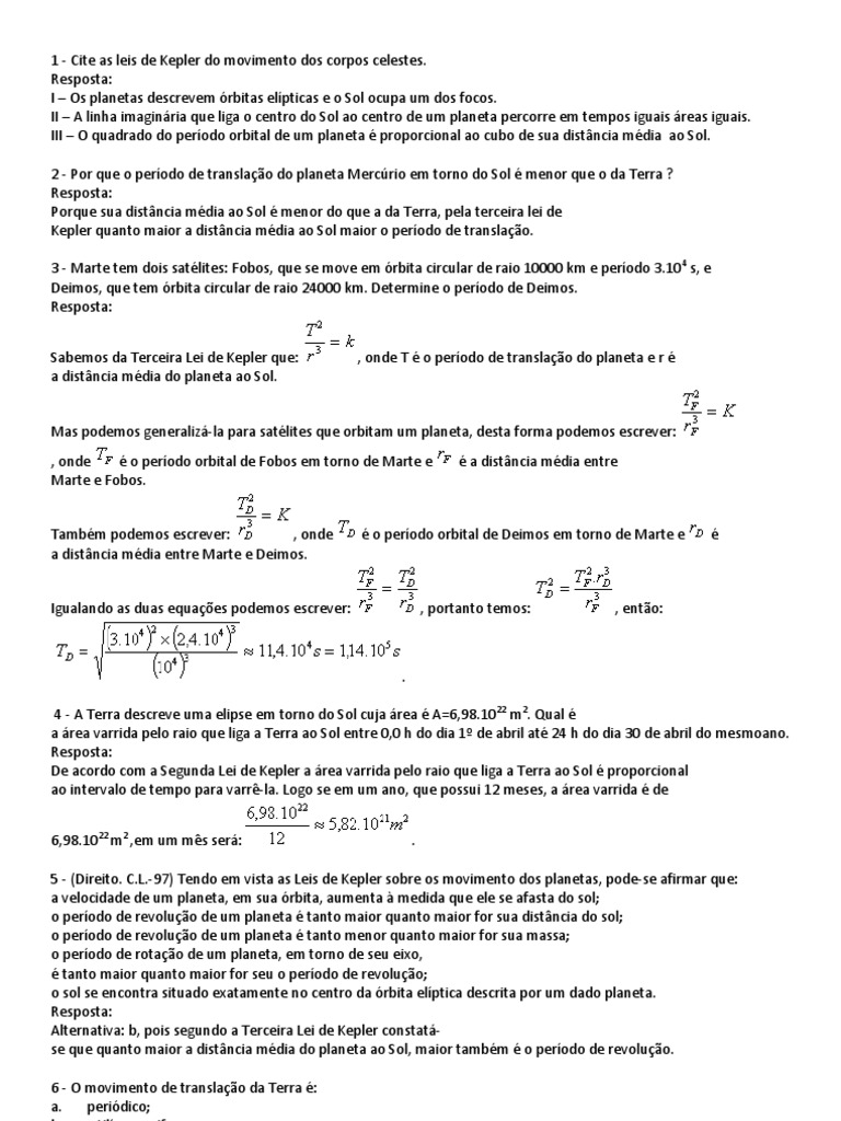 Exercicios de Astronomia - Leis de Kepler | PDF | Planetas | Órbita