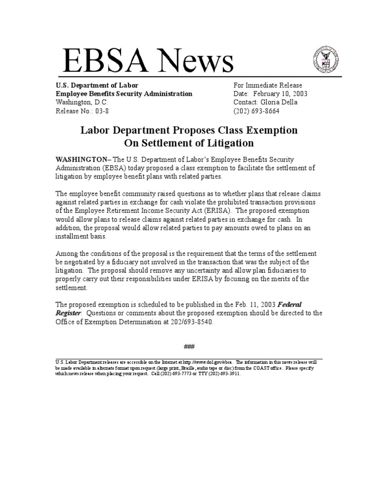 Labor Department Proposes ERISA Exemption | PDF