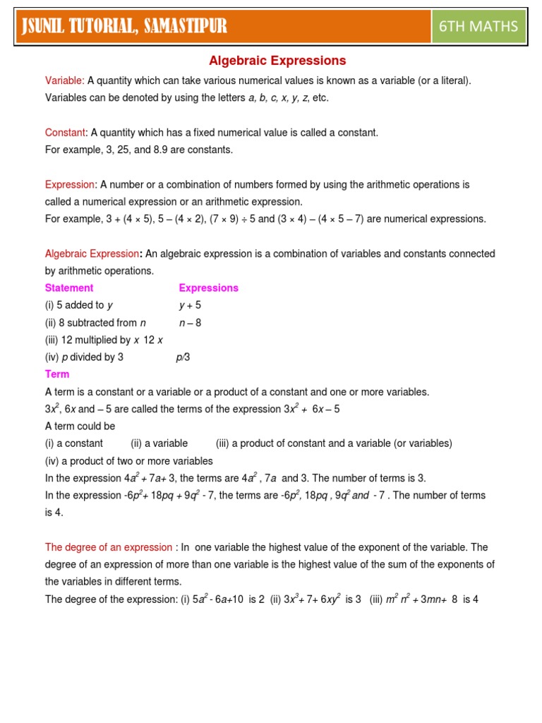 6th Algebric Expression 2012 PDF | PDF