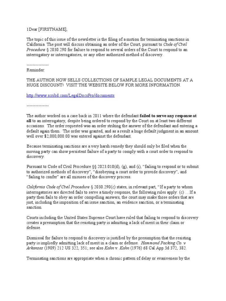 California Motion For Terminating Sanctions PDF Discovery (Law