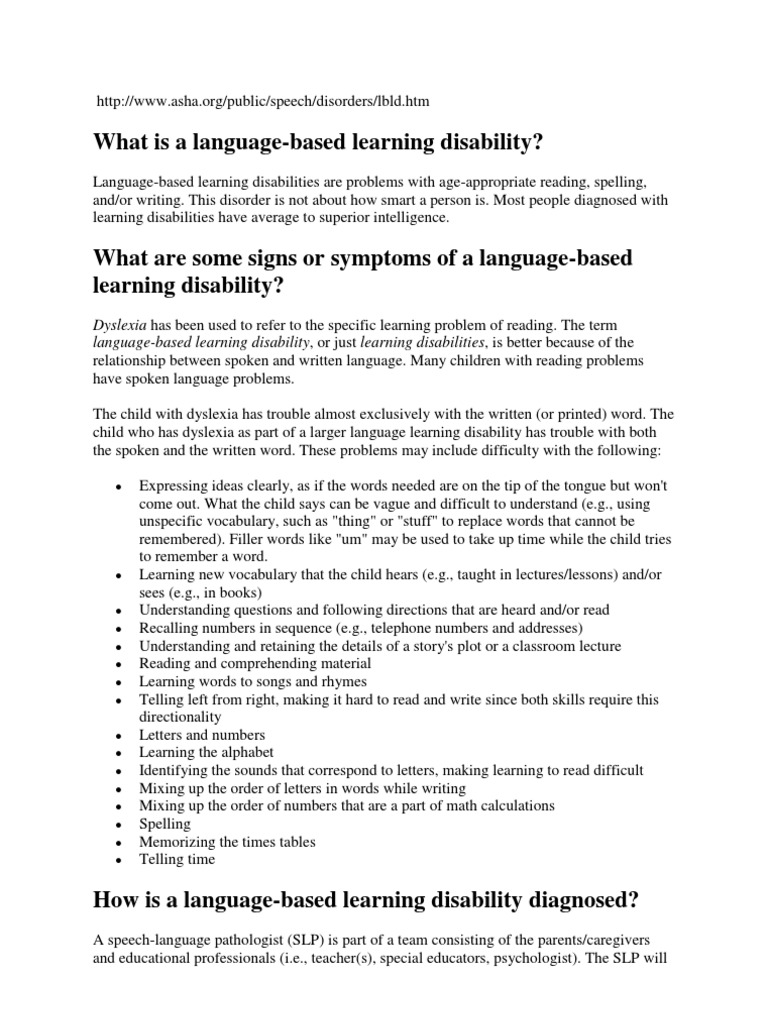 What Is A LanguageBased Learning Disability? PDF Learning