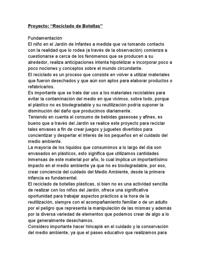 Proyecto Reciclado de Botellas | PDF | El plastico | Reciclaje