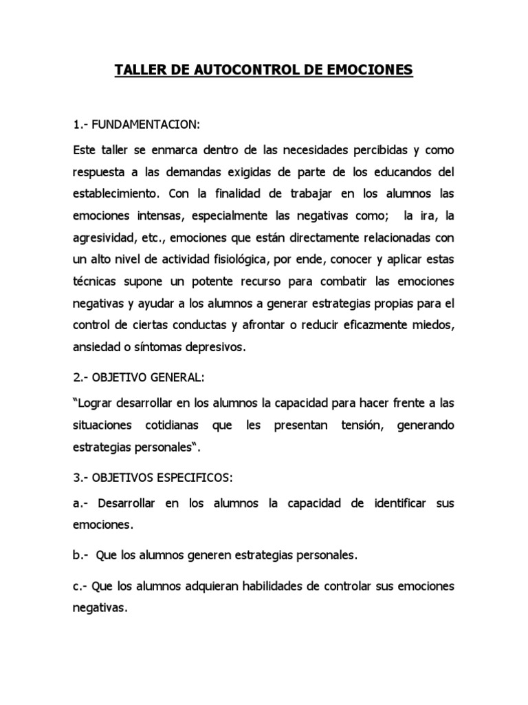 Taller de Autocontrol Emocional | PDF | Las emociones | Conceptos ...