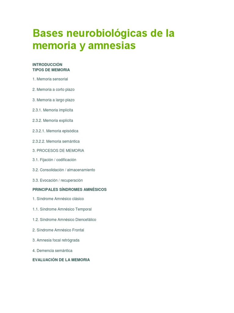 Bases Neurobiol gicas De La Memoria Y Amnesias PDF Memoria Cerebro