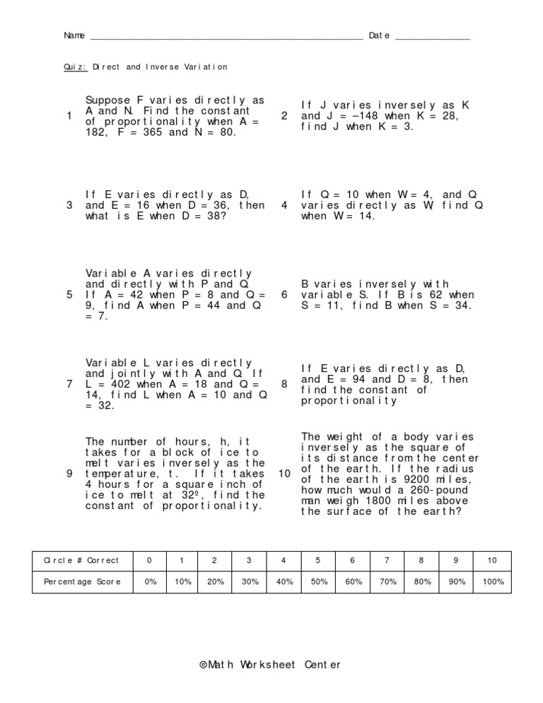 Printables Direct Variation Word Problems Worksheet direct variation worksheet davezan and indirect kids word problems