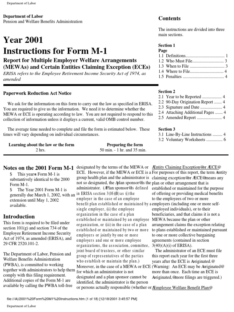 Year 2001 Instructions For Form M1 ERISA Refers To The Employee