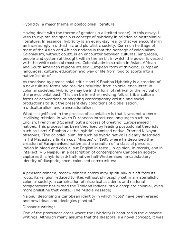 Hybridity in Postcolonial Literature | PDF | Diaspora | Colonialism