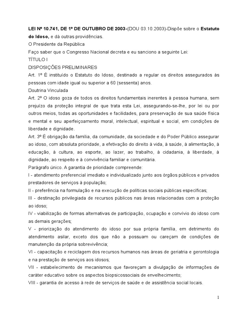 Estatuto do Idoso: Lei 10.741/2003 | PDF | Lei das Obrigações | Estatuto