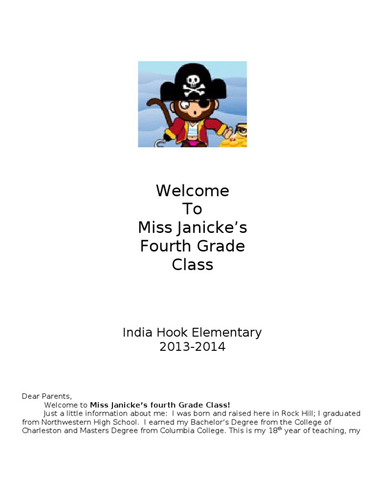 To Miss Janicke's Fourth Grade Class India Hook Elementary