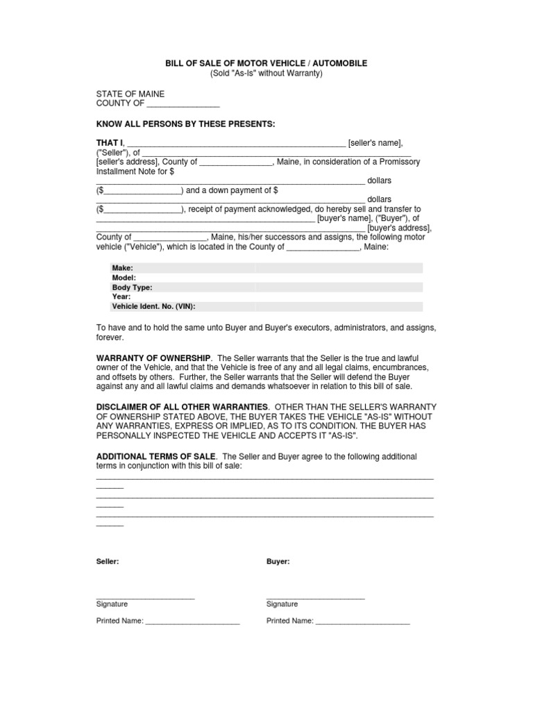 Bill of Sale of Motor Vehicle or Automobile Without Warranty PDF