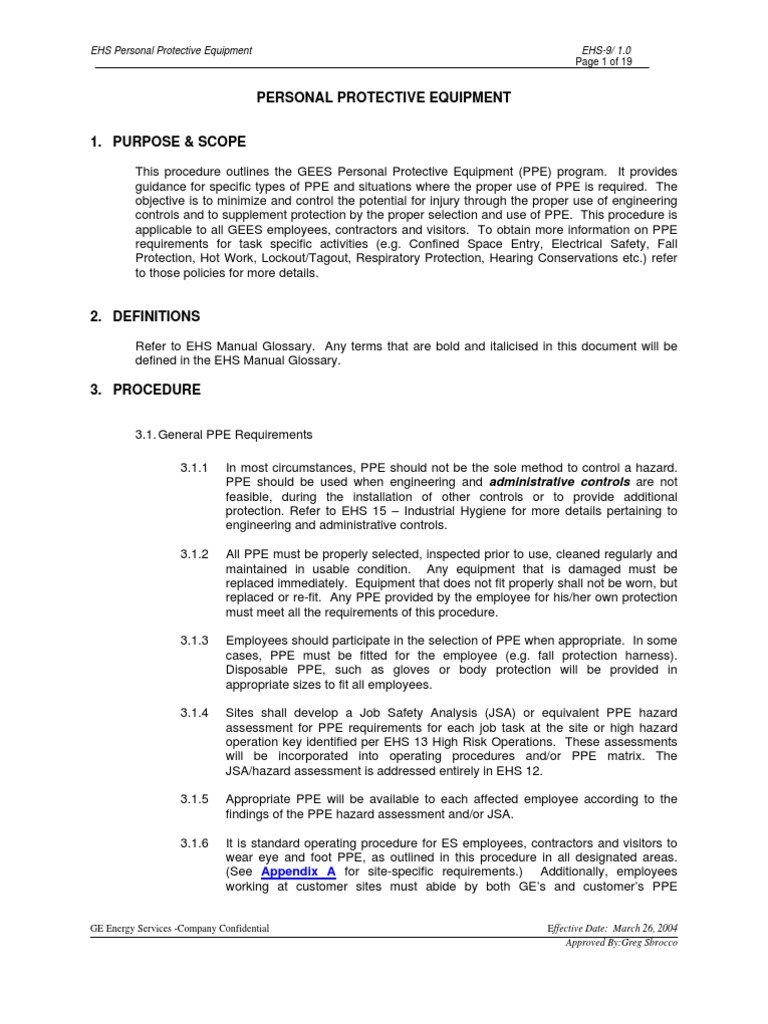 EHS PPE Procedure Personal Protective Equipment Noise