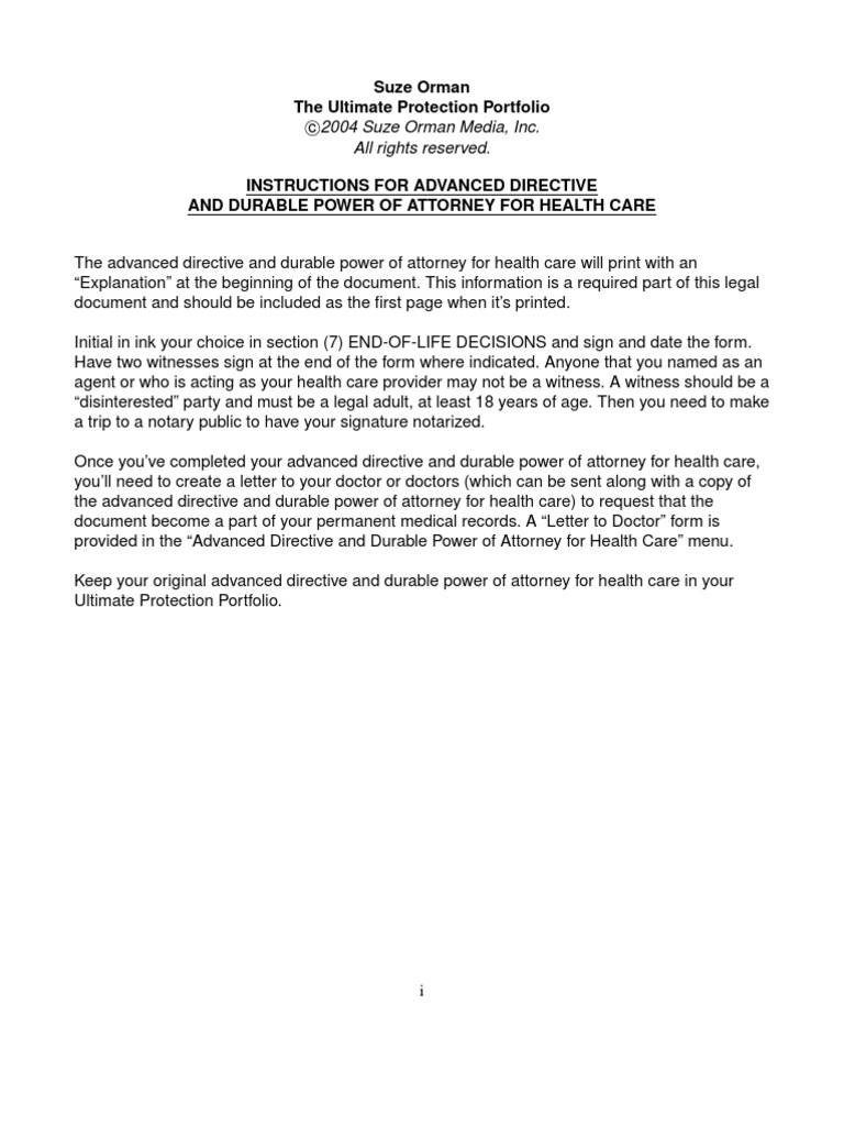 Advanced Directive & Durable Power of Attorney For Health Care | PDF ...