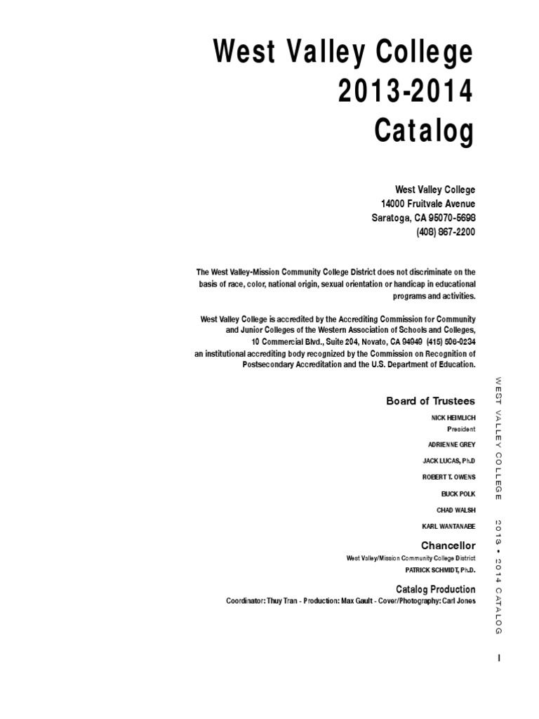 West Valley College Catalog PDF University And College Admission
