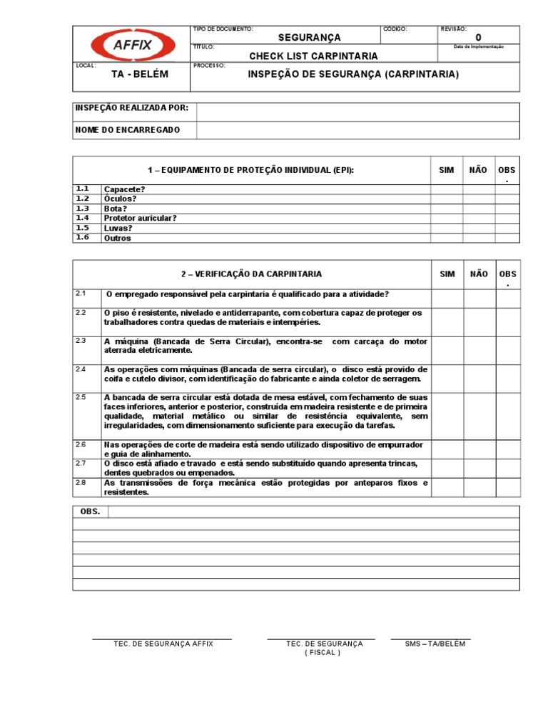 Checklist de inspeção de segurança na carpintaria | PDF