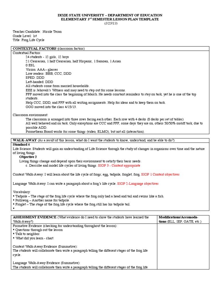 Frog Life Cycle Lesson Plan PDF | PDF | Vocabulary | Educational Assessment