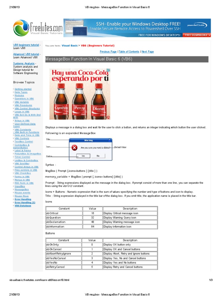 VB Msgbox MessageBox Function in Visual Basic 6 C (Programming
