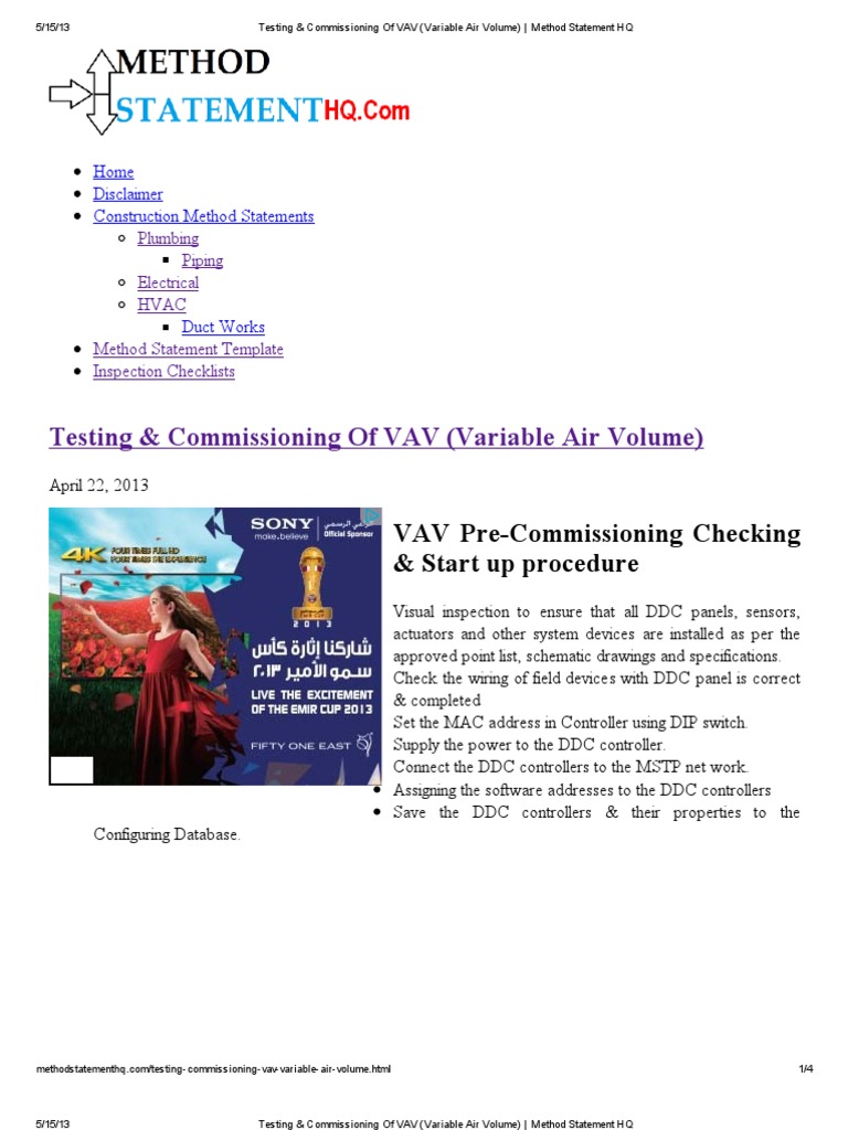 Testing & Commissioning of VAV (Variable Air Volume) Method Statement ...