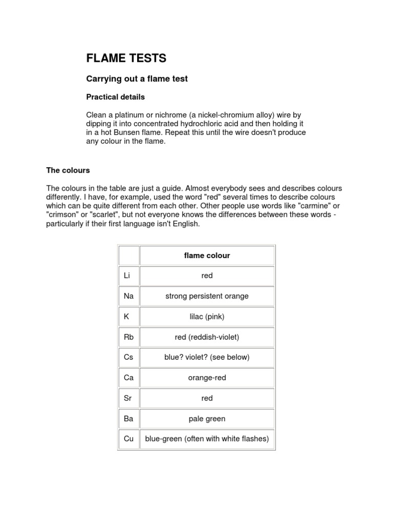Flame Test Color Guide and Procedure | PDF | Language Arts & Discipline