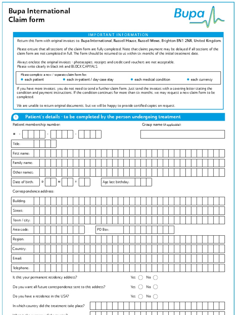 BUPA Intl Claim Form Cheque Payments