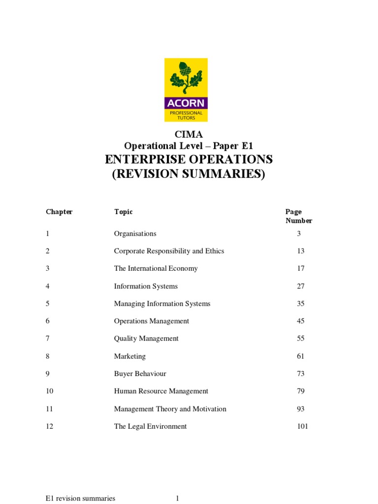 Enterprise Operations (Revision Summaries) : Cima Operational Level ...