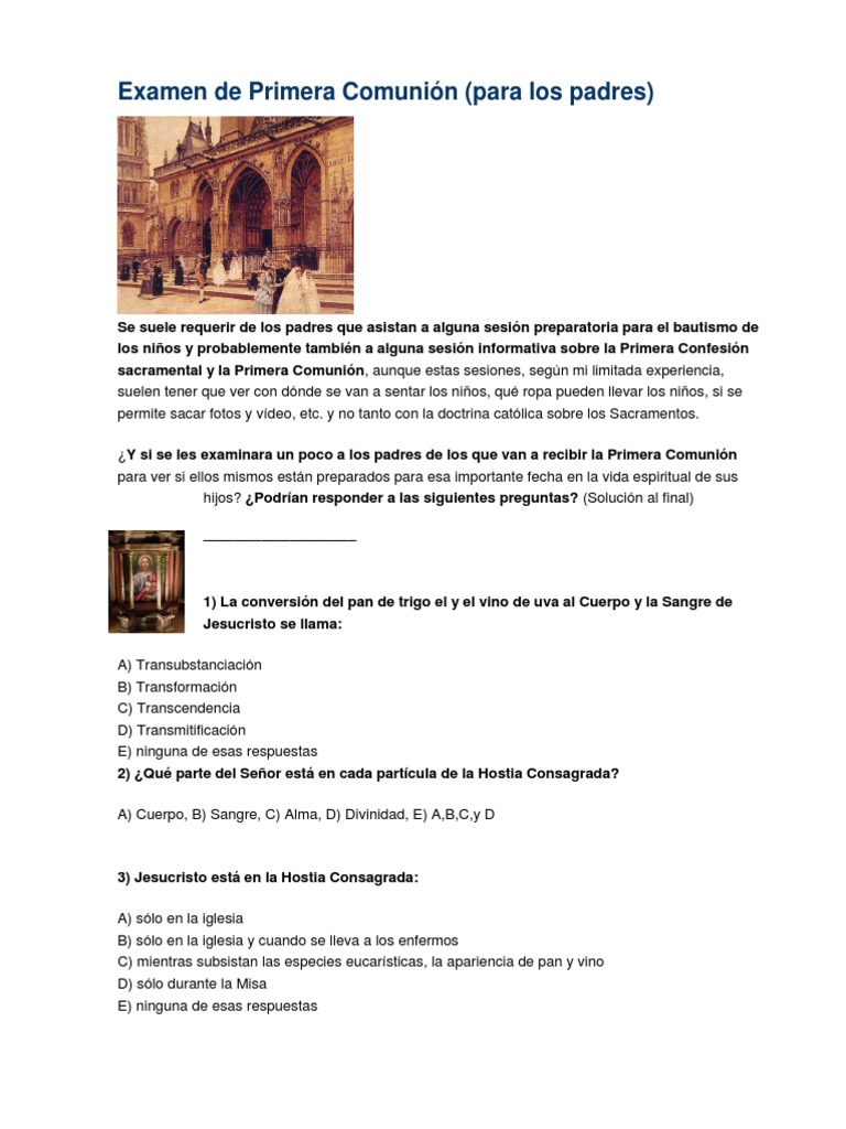 Examen de Primera Comunión PDF eucaristía Penitencia