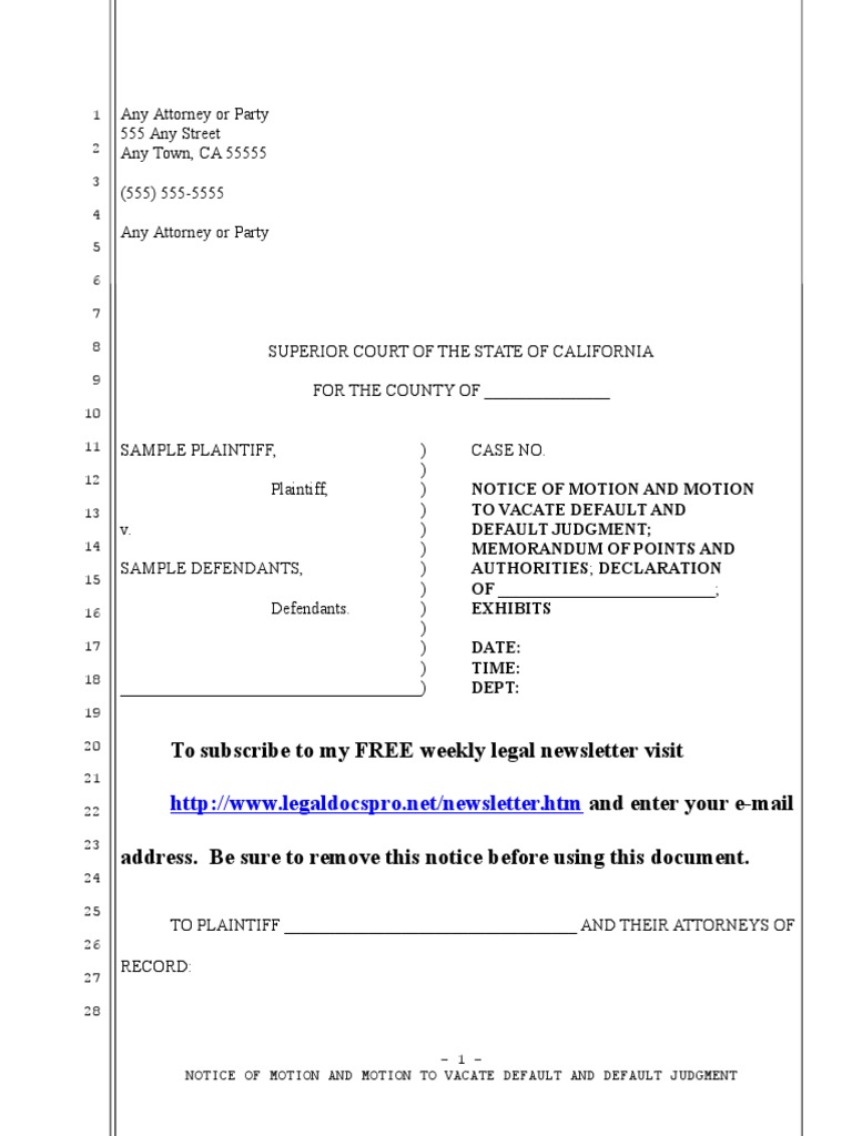 Sample motion to vacate void judgment in california under code of civil