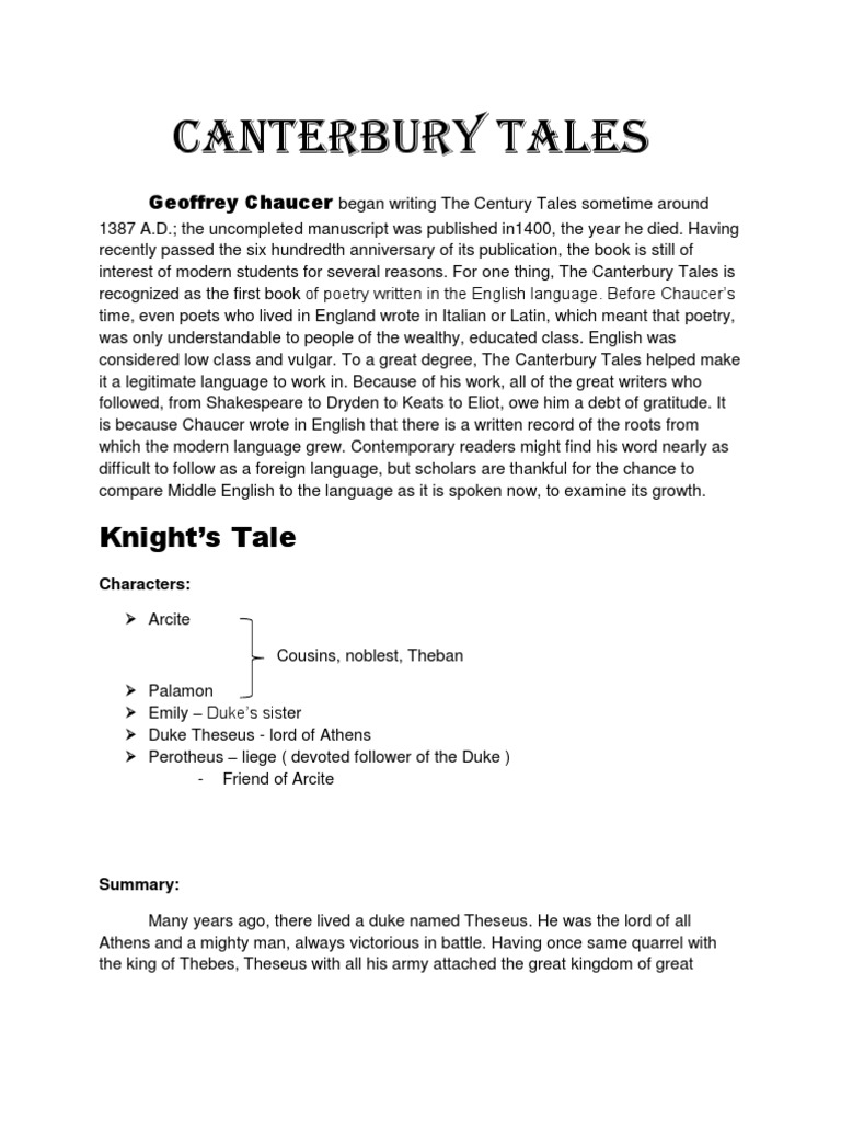 Summary of The Knight's Tale | PDF | The Canterbury Tales | Geoffrey ...