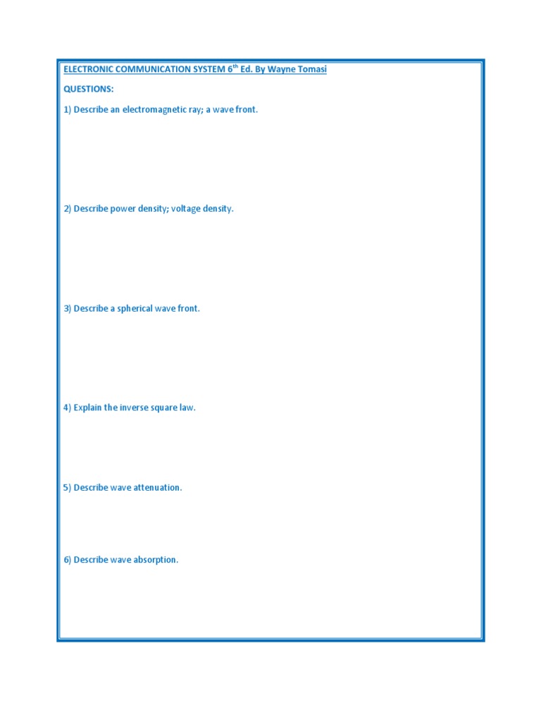 1) Describe An Ray A Wave Front. Electronic Communication System 6 Ed. by Wayne